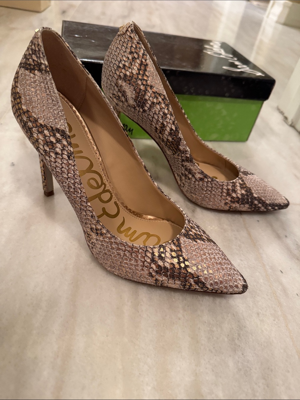 Sam Edelman Hazel Snake-Print Pointed Toe Pumps in Taupe